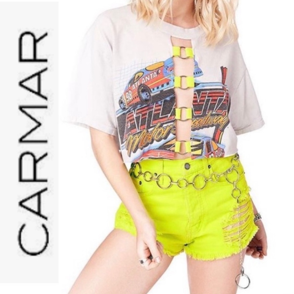 LF Carmar Yellow/Grn Cheeky Denim Cutoff Shorts 25